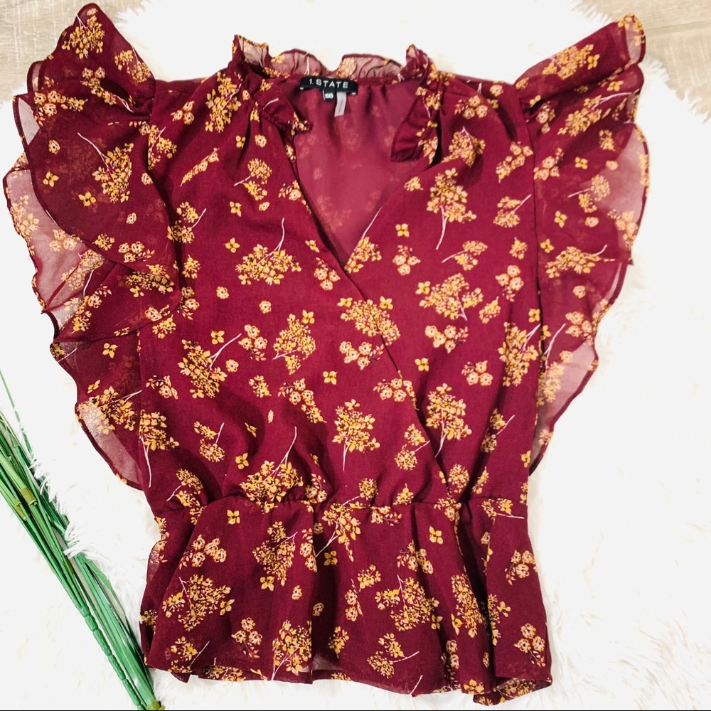 1. State Floral Burgundy Short Sleeve Blouse - Picture 1 of 9